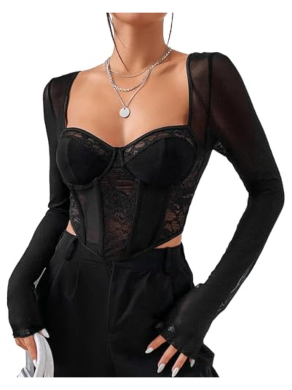 Sheer Mesh Lace Corset Top Sweetheart Neckline Y2K Asymmetrical Boned Bustier